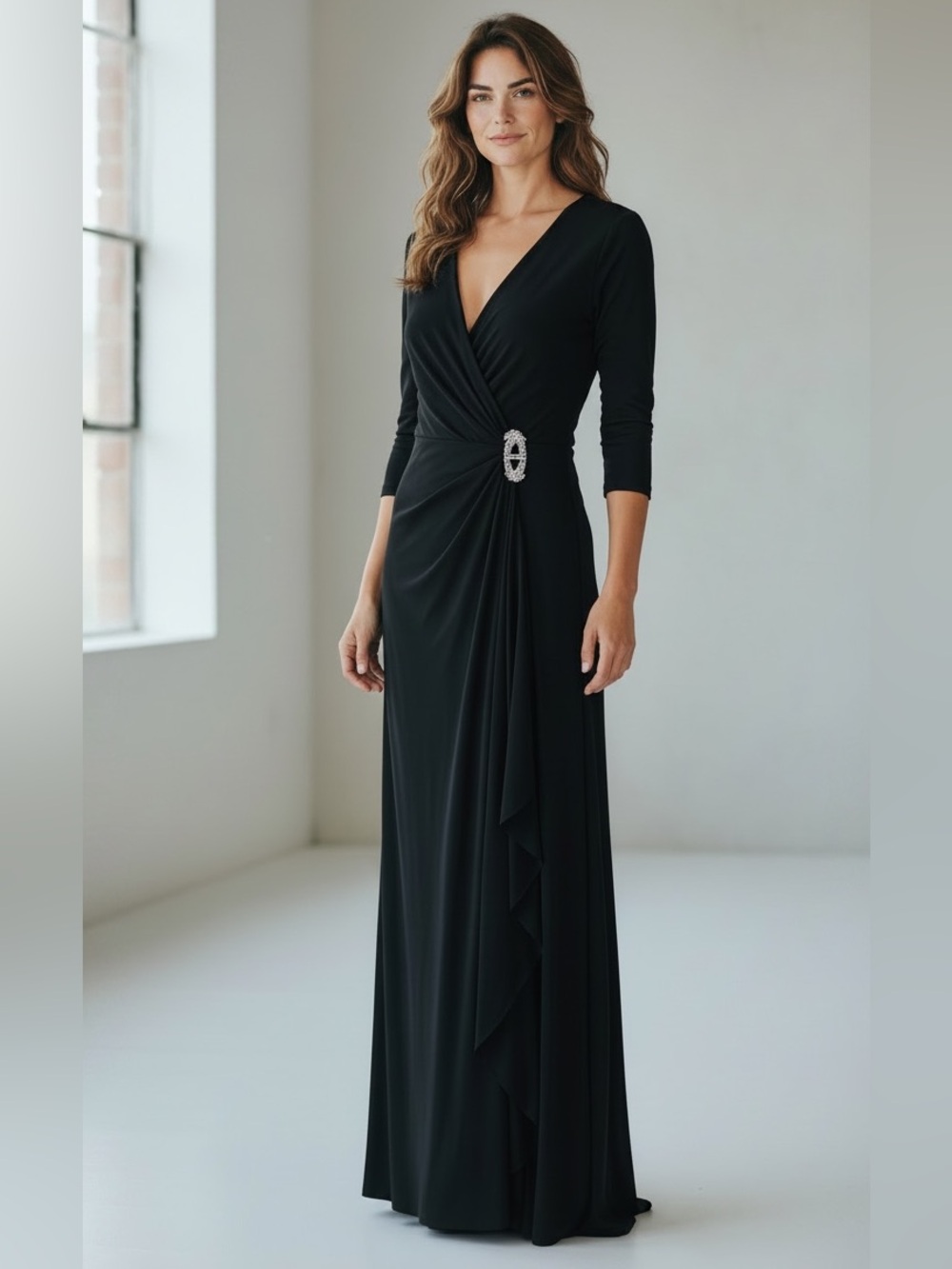 Ralph Lauren Black 3/4 Sleeve V-Neck Evening Gown with Embellished Waist